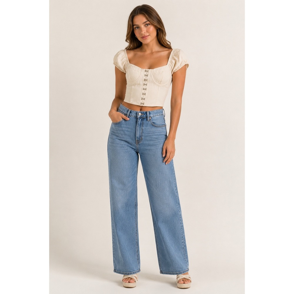Altar'd State Cream Linen Corset Top Puff Sleeve Boho Coquette Cottagecore M